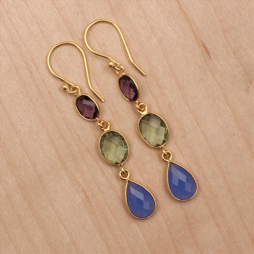 Amethyst, Crystal, Chalcedony Multi Color Gemstone Simple Hook Style Gold Plated Earring Finding Jewelry Supplies(EJ-2723)