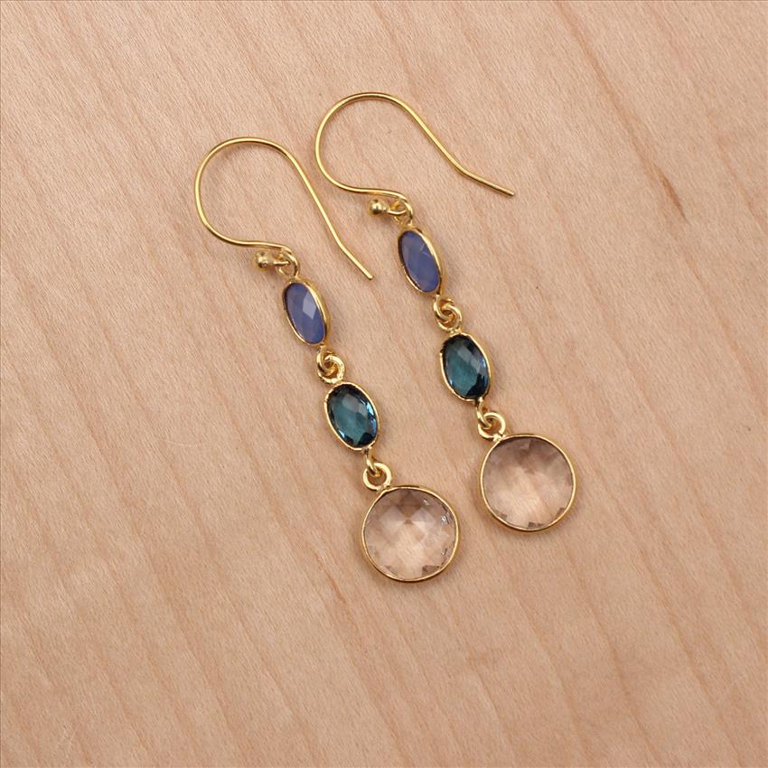Agate, Opalite, Fuchsia Multi Color Gemstone Dangle Hook Style Gold Plated Statement Earrings Supply Jewelry (EJ-2727)
