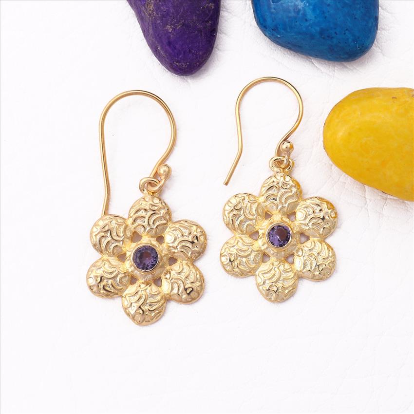Amethyst Gemstone, Gold Plated Earring, Dangle Hook Earrings Round Shape Gemstone Earrings Jewelry (EJ-2235)
