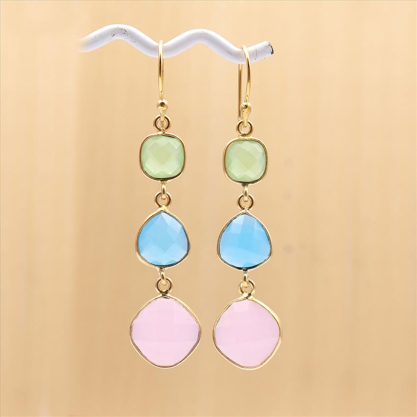 5.5 CM Dangling Earring Multi Color Gemstone Gold Plated Hook Style Handmade Earrings Jewelry (EJ-1370)