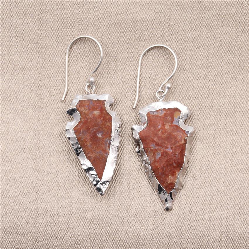 Arrowhead Earrings, Silver Electroplated Earrings, Jasper Arrow Earrings, Gemstone Appeal Making Jewelry (EJ-1196)