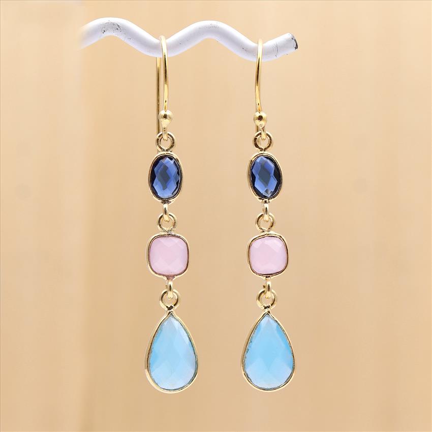 5.5 CM Dangling Earring Multi Color Gemstone Gold Plated Hook Style Handmade Earrings Jewelry (EJ-1370)