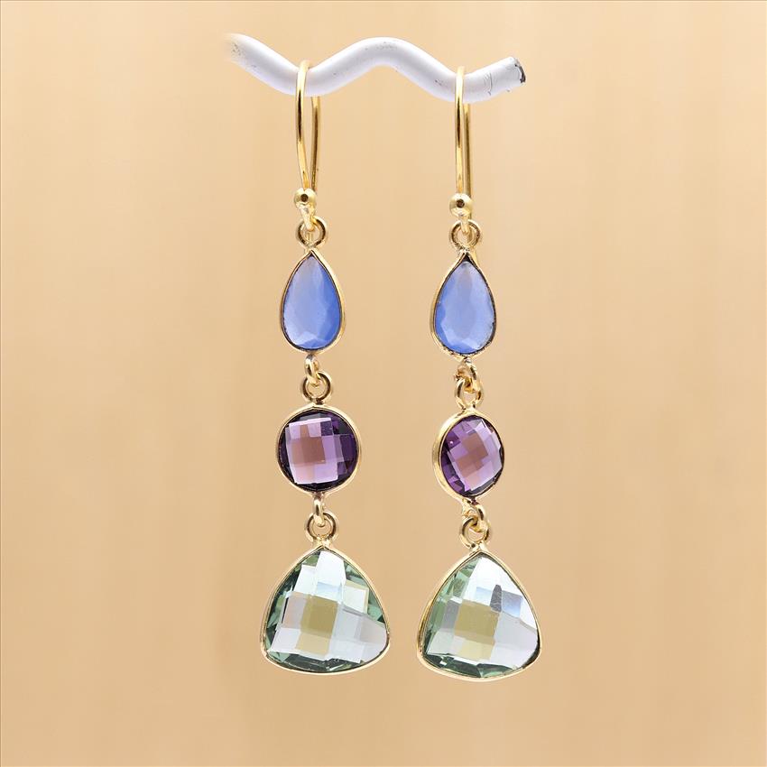 5.5 CM Dangling Earring Multi Color Gemstone Gold Plated Hook Style Handmade Earrings Jewelry (EJ-1370)