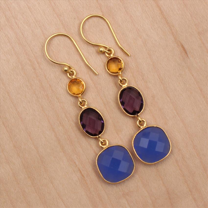Agate, Opalite, Fuchsia Multi Color Gemstone Dangle Hook Style Gold Plated Statement Earrings Supply Jewelry (EJ-2727)
