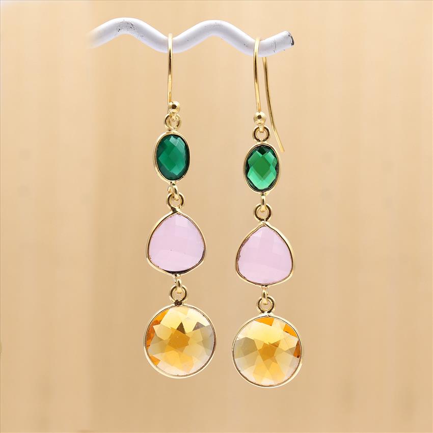 5.5 CM Dangling Earring Multi Color Gemstone Gold Plated Hook Style Handmade Earrings Jewelry (EJ-1370)
