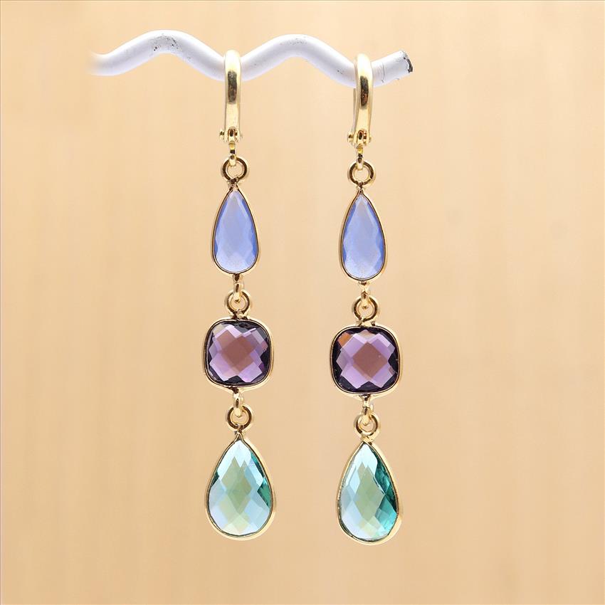 Amazing Moonstone & Chalcedony Gemstone Gold Plated Hook Earring Gifts For Her Dangling Earrings Fine Jewelry (EJ-1326)