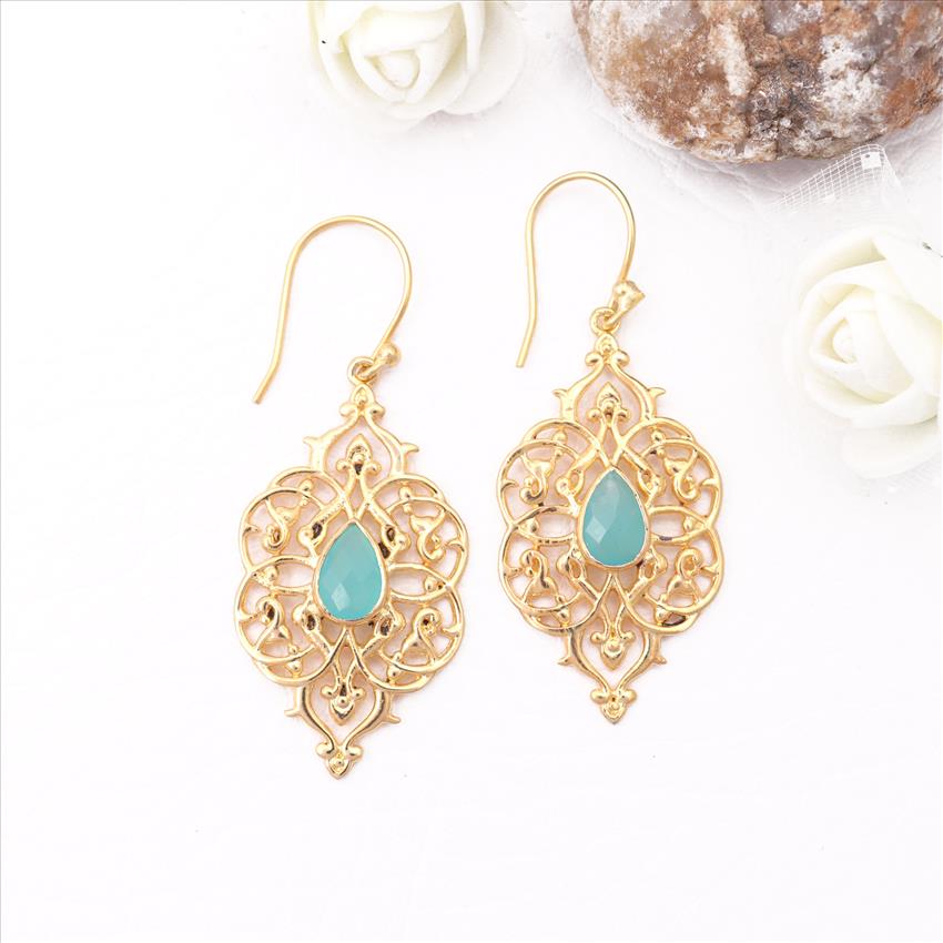 Aqua Chalcedony Gemstone, Statement Earrings Gold Plated Earring, Pear Shape Dangling Earrings Gemstone Jewelry (EJ-2299)