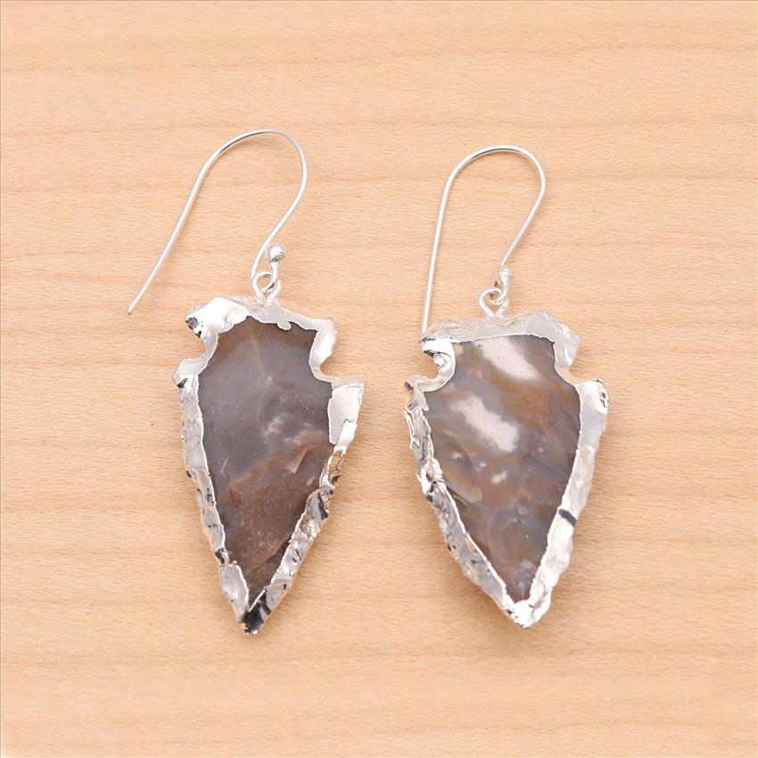 Attractive Arrowhead Earrings, Jasper Arrow Raw Stone Earrings, Dangle Earrings Silver Electroplated , Gemstone Women Jewelry (EJ-1233)