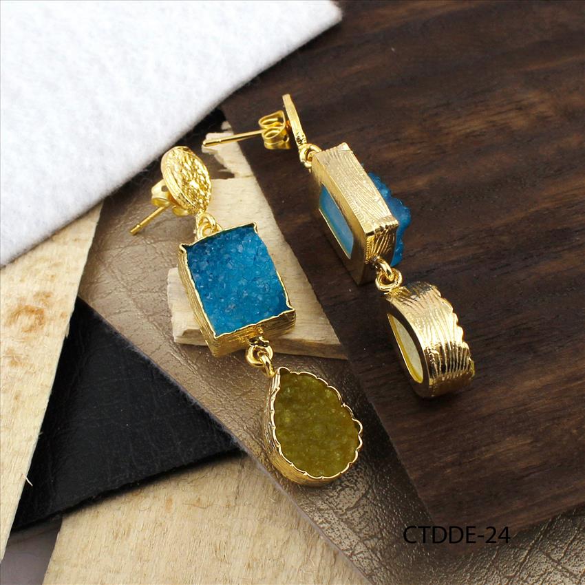 Multicolor Agate Druzy Gemstone, Leaf Design Stud Earrings, Gold Plated Earrings Handmade Jewelry (CTDDE-24)