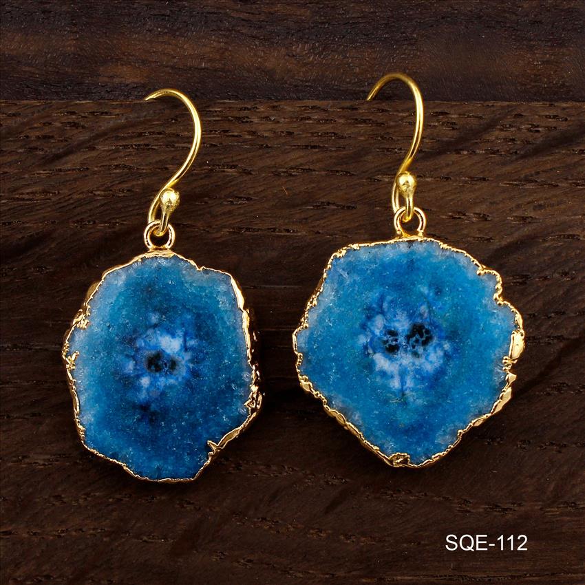 Blue Quartz Gemstone Earring, Gold Plated Earring, Statement Earrings Natural Gemstone Earring Jewelry (SQE-111)