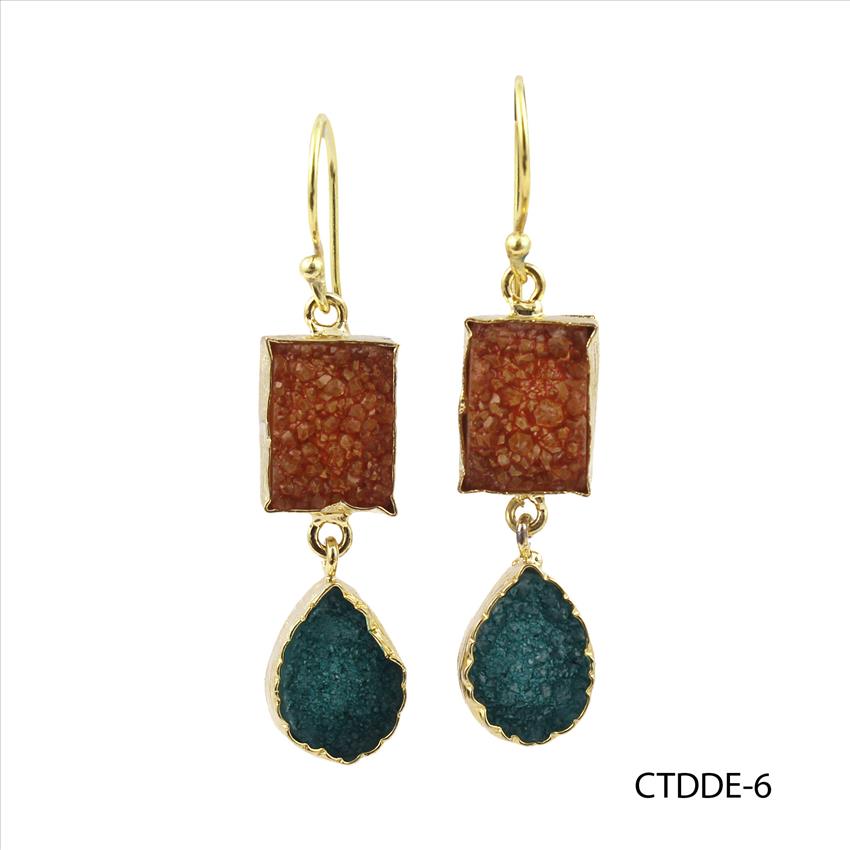 Druzy Gemstone Earrings, Gold Plated Dangle Drop Earrings, Textured Earring, Gemstone Earring Jewelry