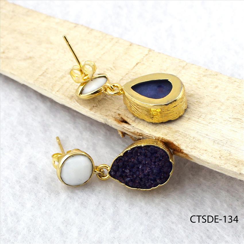 Blue Agate Druzy Gemstone, Natural Gemstone Jewelry, Gold Plated Earrings, Gemstone jewelry (CTSDE-134)