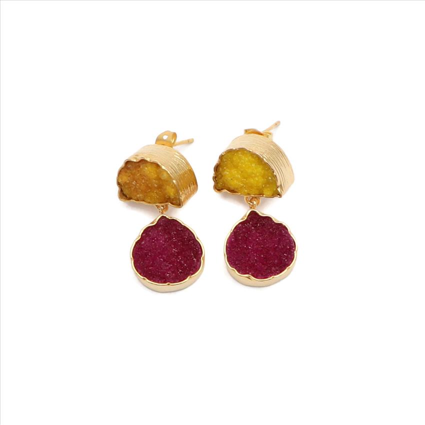 Multi Agate Druzy Gold Plated Gemstone Earrings, Studs Druzy Earrings Finding Jewelry, Gemstone Wholesale Jewelry (EJ-2865)
