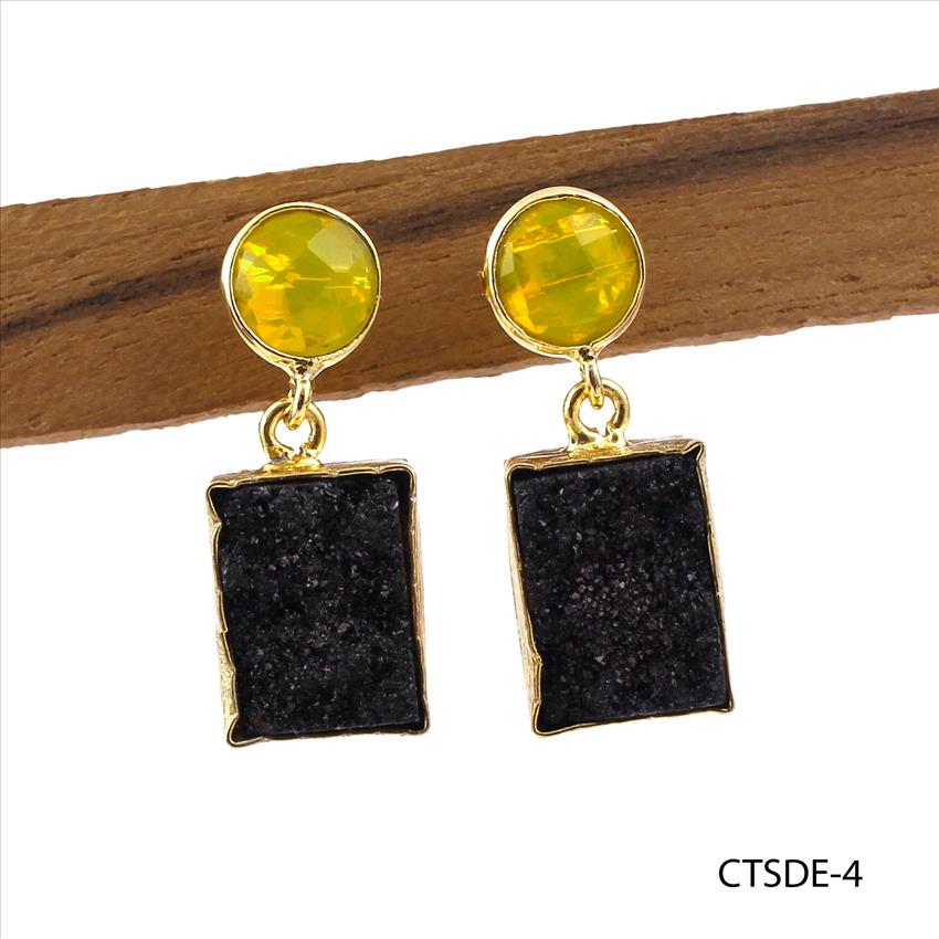 Agate Druzy Earring, Double Stone Stud Earring, Natural Druzy Gemstone Earring, Gold Plated Earring Jewelry (CTSDE-1)