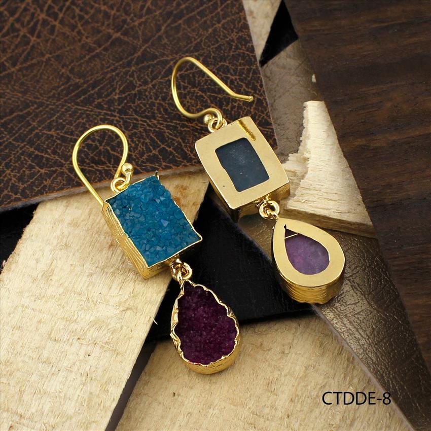 Multicolor Agate Druzy Gemstone, Dangle Drop Hook Earrings, Gold Plated Earrings Handmade Jewelry (CTDDE-7)