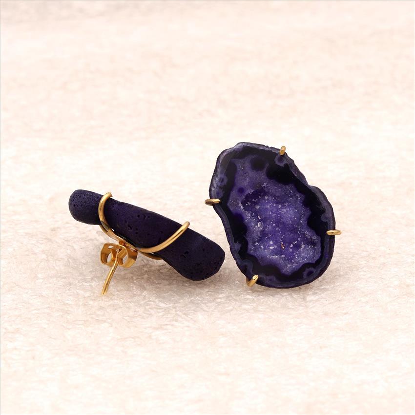 Amazing Natural Geode Druzy Gemstone Prong Style Earring, Gold Plated Stud Earrings Fine Jewelry (EJ-855)