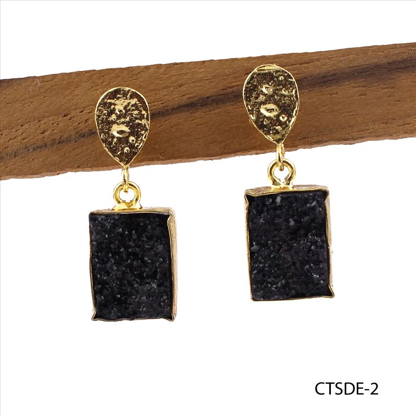 Agate Druzy Earring, Double Stone Stud Earring, Natural Druzy Gemstone Earring, Gold Plated Earring Jewelry (CTSDE-1)