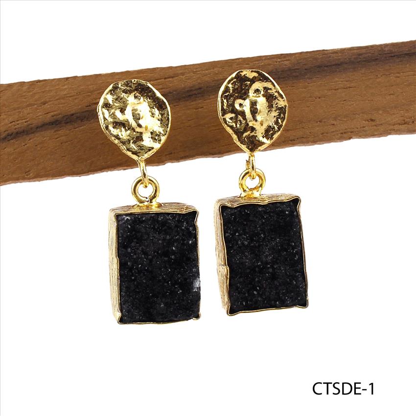 Agate Druzy Earring, Double Stone Stud Earring, Natural Druzy Gemstone Earring, Gold Plated Earring Jewelry (CTSDE-1)
