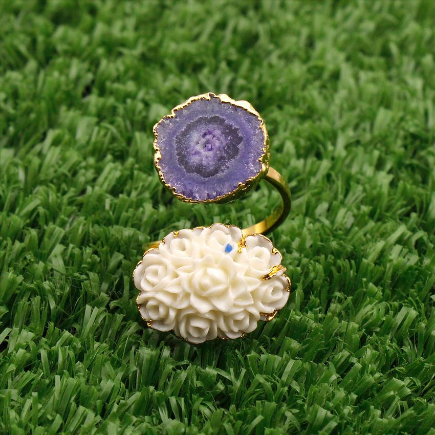 Elegant Natural Solar Quartz Gemstone, Double Stone Adjustable Ring, Gold Electroplated Ring, Finding Jewelry Supplies (MD2R-1)