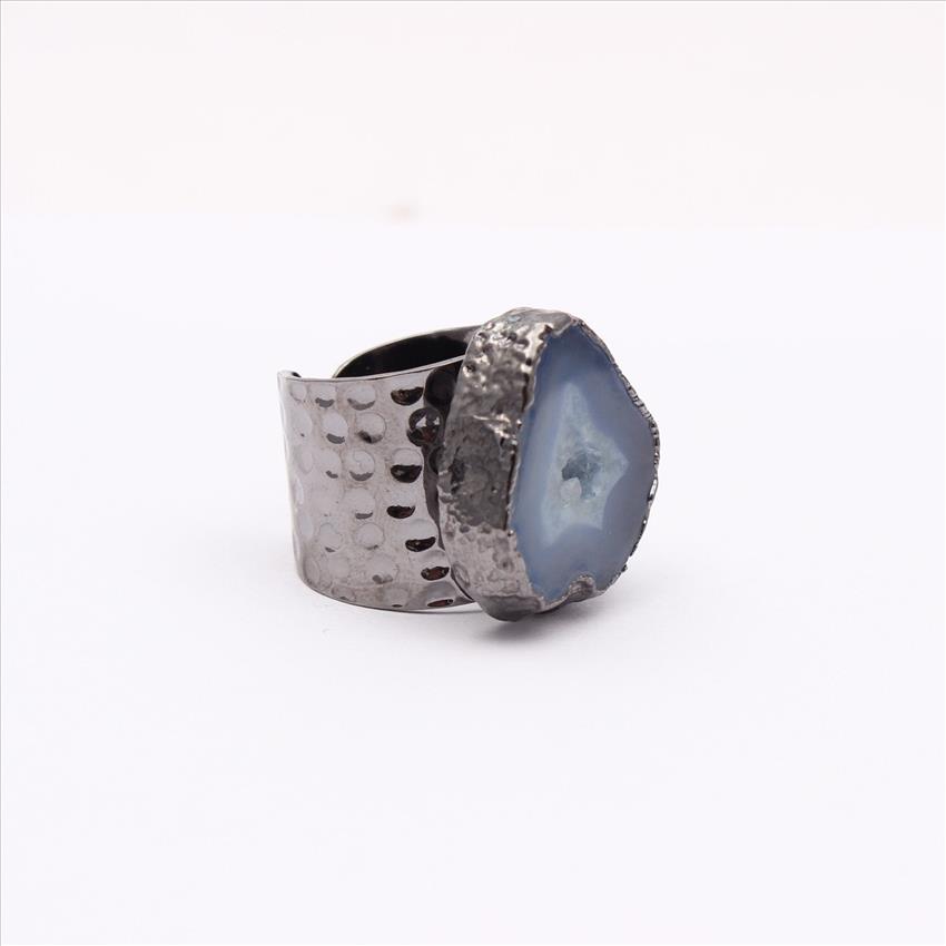 Natural Solar Quartz, Geode druzy, Agate Slice Gemstone Black Electroplated Adjustable Ring Gemstone Rings Supply Jewelry (EJ-2048)