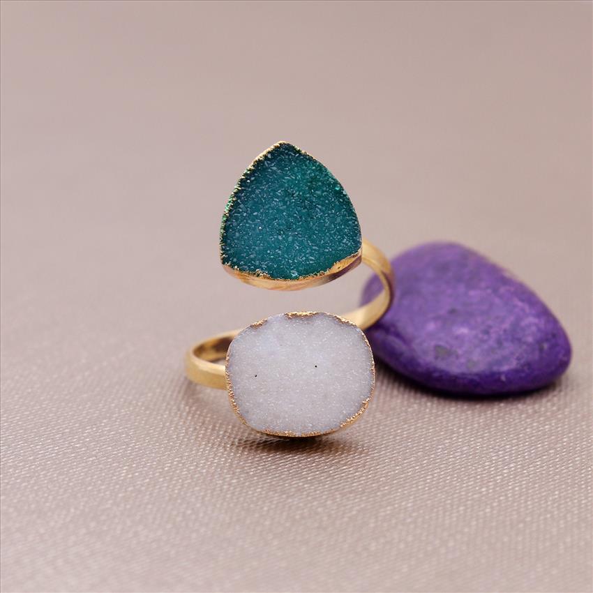 Natural Agate Druzy Gemstone Gold Plated, Adjustable Ring, Multi Gemstone Rings Handmade Jewelry (EJ-1968)