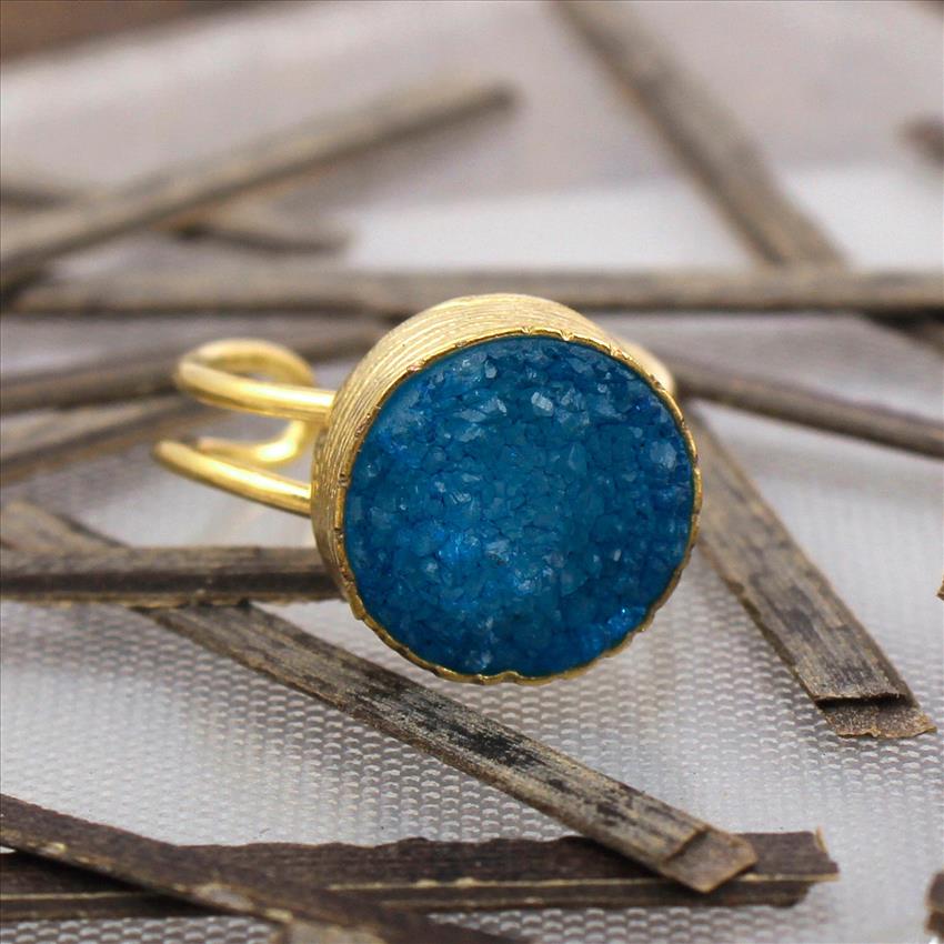 Natural Agate Druzy Gemstone Ring, 12 MM Round Shape, Handmade Gold Plated Ring , Adjustable Ring Jewelry(SDR-1)