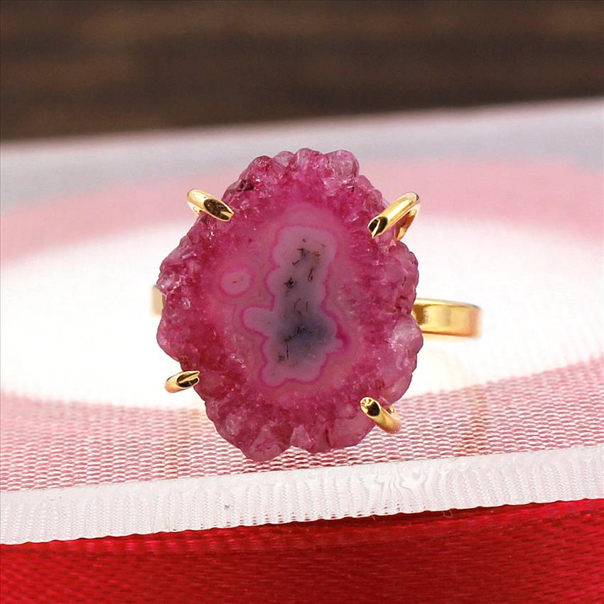 Pink Solar Quartz Gemstone Ring, Gold Plated Ring, Prong With Adjustable Handmade Ring Jewelry (SPR-11)
