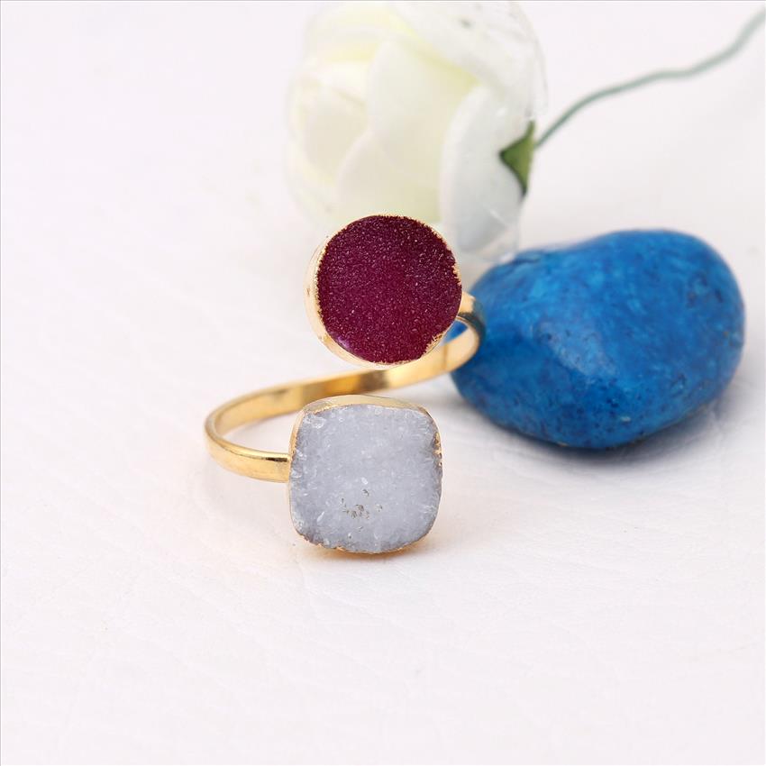 Natural Multi Agate Druzy Gemstone Gold Plated, Adjustable Ring, Multi Gemstone Rings Wholesale Jewelry (EJ-1938)