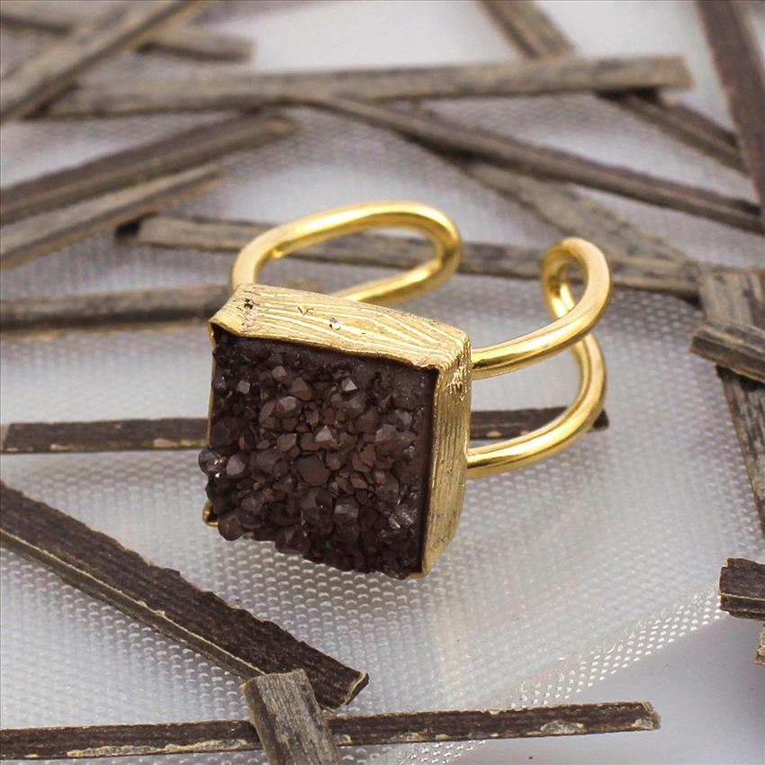 Natural Agate Druzy Gemstone Ring, 14 MM Square Shape, Handmade Gold Plated Ring , Adjustable Ring Jewelry(SDR-18)