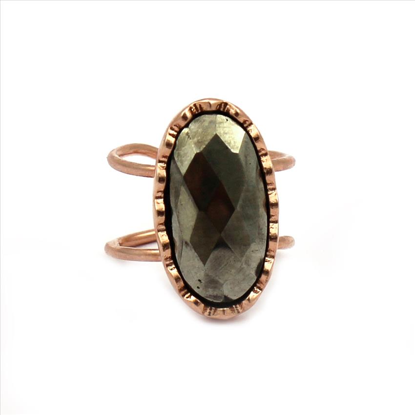 Labradorite, Pyrite Gemstone Rings, Oval Shape Double Line Handmade Ring, Plated Stacking Ring, Dainty Gemstone Ring (GIR-23)
