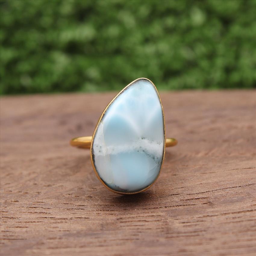 Larimar Gemstone Rings, Larimar Gemstone, Adjustable Rings, Gold Plated Rings, Dominican Blue Larimar Gemstone Jewelry (EJ-745)