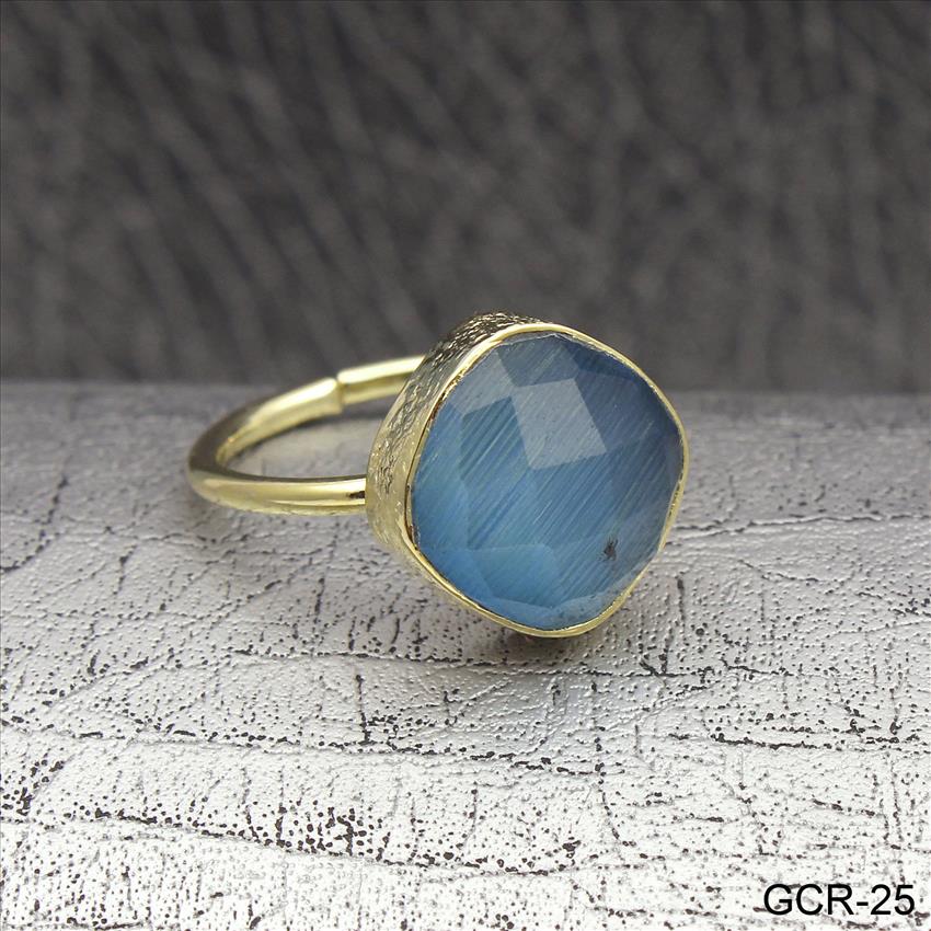 Blue Cat's- Eye Gemstone Ring, 12 MM Cushion Gemstone, Hammered Ring, Gold Plated Ring, Adjustable Ring, Stackable Ring Jewelry (GCR-24)