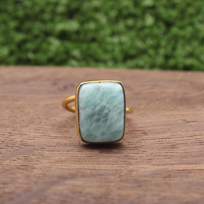 Larimar Gemstone Ring, Gold Plated Gemstone Ring, Adjustable Stylish Rings, Handmade Rings Jewelry (EJ-749)