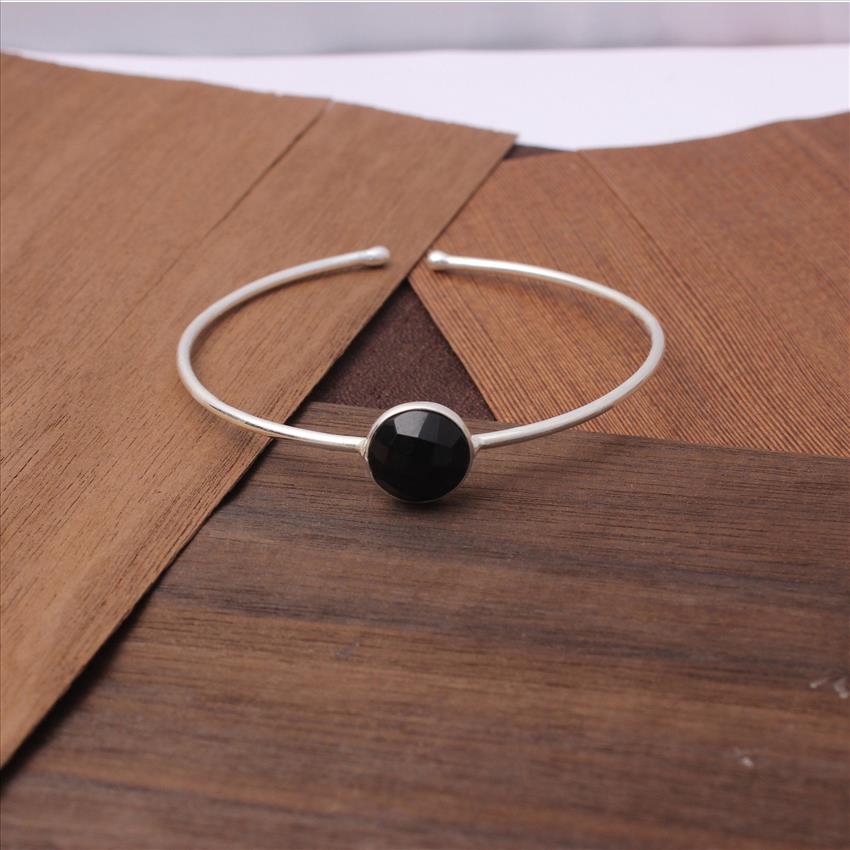 Black Onyx Gemstone - Round Shape  Gold & Silver Plated Bangle - Adjustable Bangle Finding Jewelry(EJ-1277)