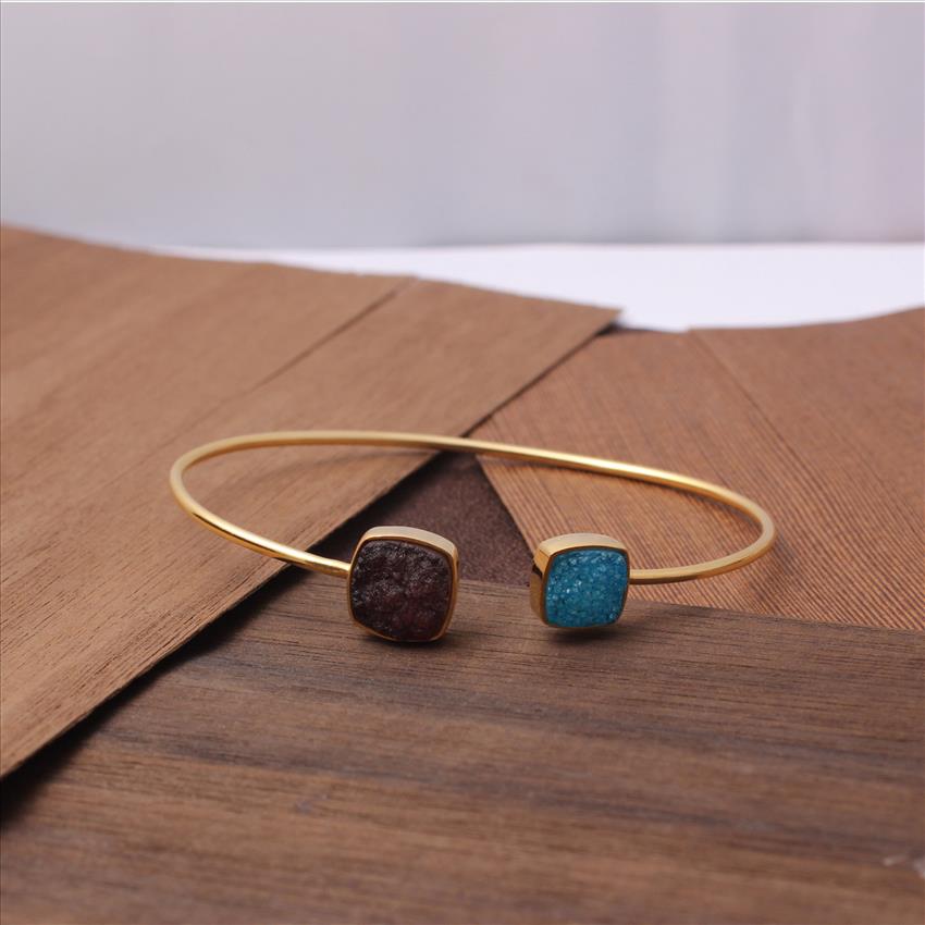 Amazing Natural Sugar Druzy Gemstone, Cushion Shape, Gold Plated, Adjustable Bangle Jewelry  (EJ-1294)