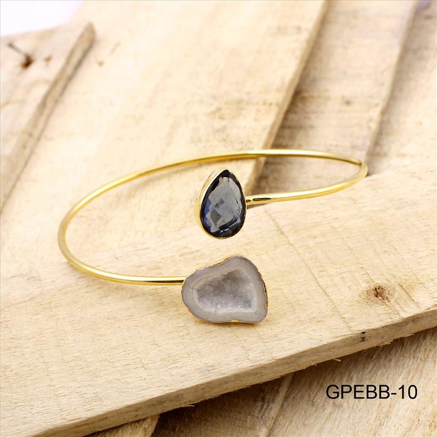 Bangle - Geode Druzy Bangles - Gold Electroplated Bangle - Adjustable Bangle - Gemstone With Geode Druzy Stacking Bangle Bracelet.(GPEBB-9)