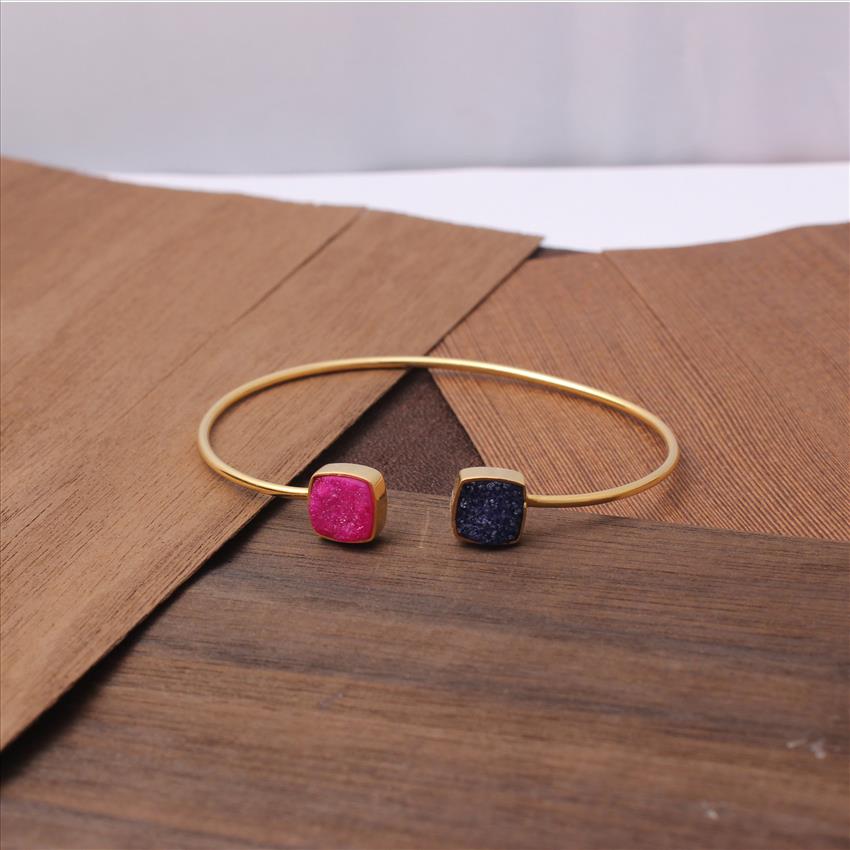 Sugar Druzy Gemstone - Cushion Shape - Gold Plated Bangle -Adjustable Fashionable Jewelry(EJ-1290)