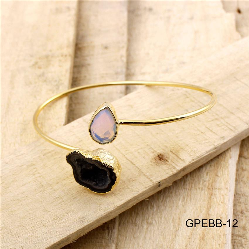 Bangle - Geode Druzy Bangles - Gold Electroplated Bangle - Adjustable Bangle - Gemstone With Geode Druzy Stacking Bangle Bracelet.(GPEBB-9)