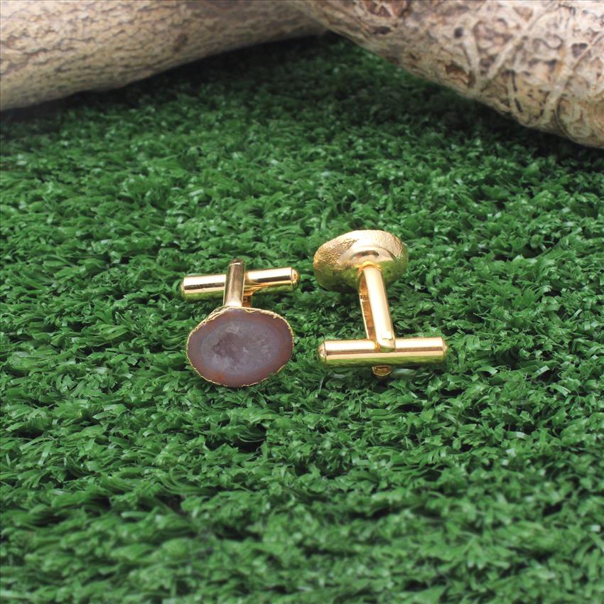 Gold Electroplated Cufflink, Geode Druzy Gemstone, Pink Cuff Links, Gifts For Him, Handmade Finding Jewelry (EJ-640)