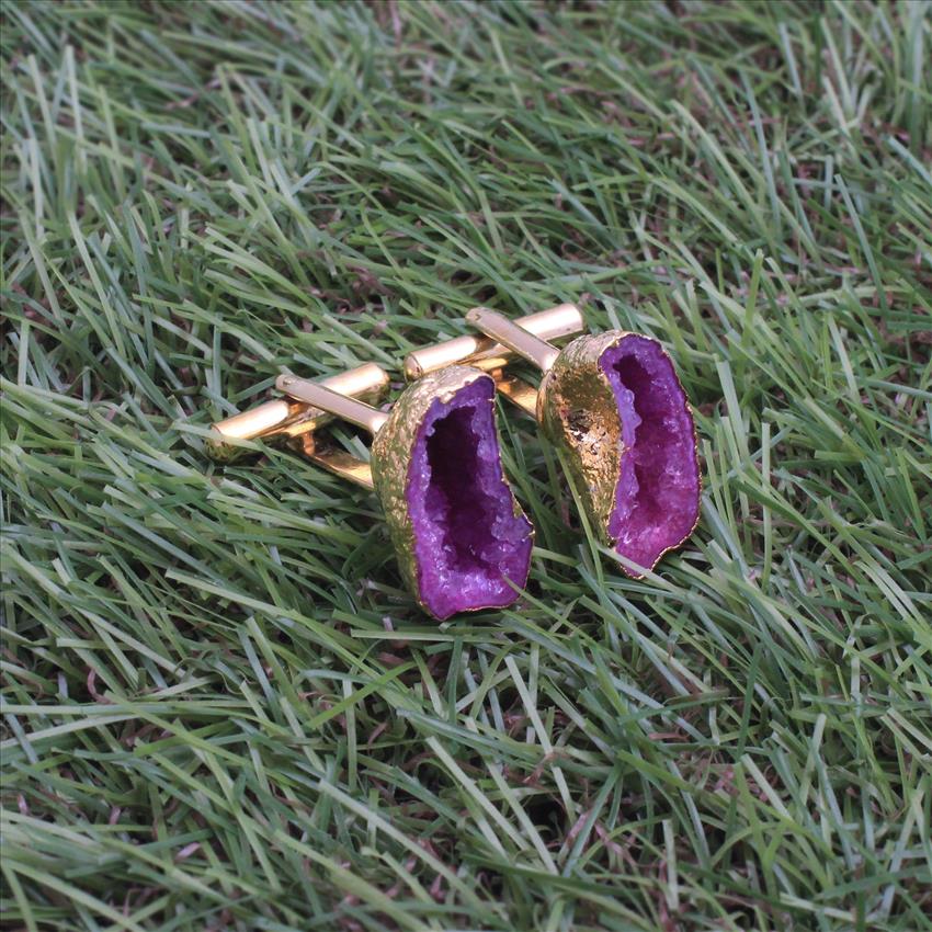 Gold Electroplated Cufflink, Geode Druzy Gemstone, Pink Cuff Links, Gifts For Him, Handmade Finding Jewelry (EJ-644)
