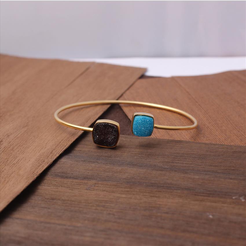 Exclusive Natural Sugar Druzy Gemstone, Cushion Shape, Gold Plated, Handmade Bracelet Jewelry  (EJ-1300)