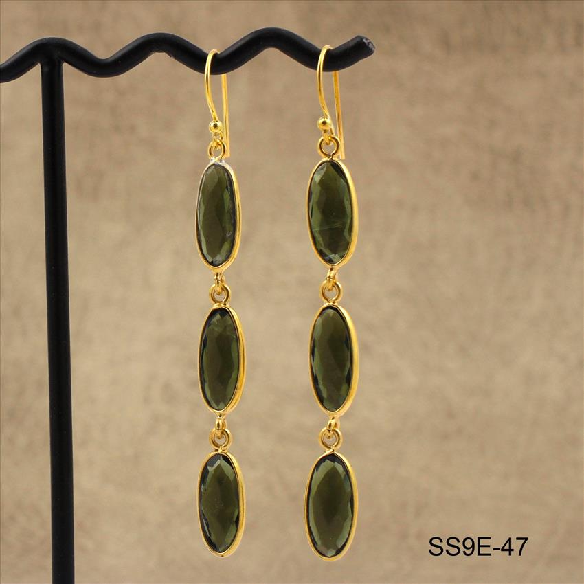 925 Sterling Silver Earrings, Green Tourmaline Gemstone Gold Plated Earrings, Dangle Earrings Finding Jewelry Supplies (SS9E-47)