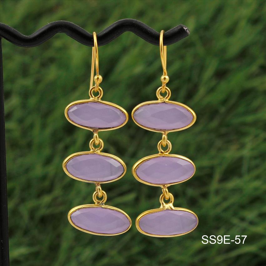 925 Sterling Silver Earrings, Blue Lace Chalcedony Gemstone Earrings, Gold Plated Drop Earrings Gemstone Jewelry (SS9E-57)