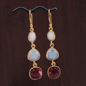 Agate, Opalite, Fuchsia Multi Color Gemstone Dangle Hook Style Gold Plated Statement Earrings Supply Jewelry (EJ-2727)