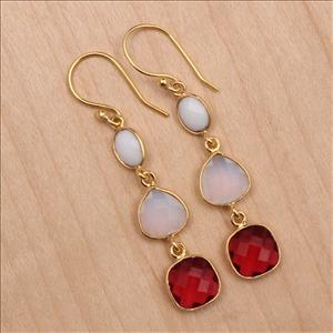 Agate, Opalite, Fuchsia Multi Color Gemstone Dangle Hook Style Gold Plated Statement Earrings Supply Jewelry (EJ-2727)
