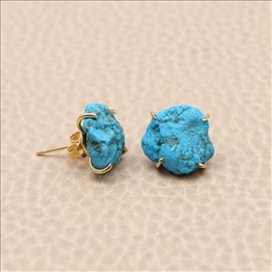 Blue Turquoise Rough Gemstone,Prong Style Gold Plated Stud Earring, Handmade Earrings Jewelry (EJ-1053)