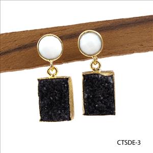 Agate Druzy Earring, Double Stone Stud Earring, Natural Druzy Gemstone Earring, Gold Plated Earring Jewelry (CTSDE-1)