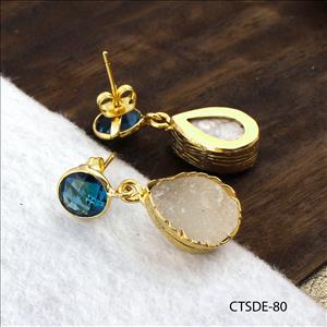 Agate Druzy Earrings, Stud Style Earrings, Blue Topaz Earrings, Gold Plated Earrings Jewelry (CTSDE-80)