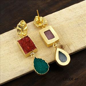 Multicolor Natural Druzy Gemstone, Statement Earrings, Stud Earrings, Gold Plated Earrings Handmade Jewelry (CTDDE-36)