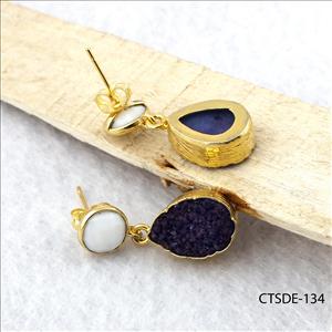 Blue Agate Druzy Gemstone, Natural Gemstone Jewelry, Gold Plated Earrings, Gemstone jewelry (CTSDE-134)
